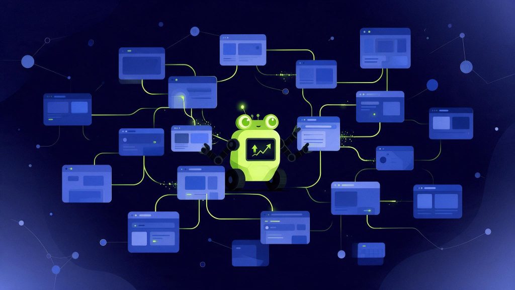 Illustration du crawl technique avec Screaming Frog : grenouille robot explorant une arborescence de pages web, fond bleu marine et vert citron