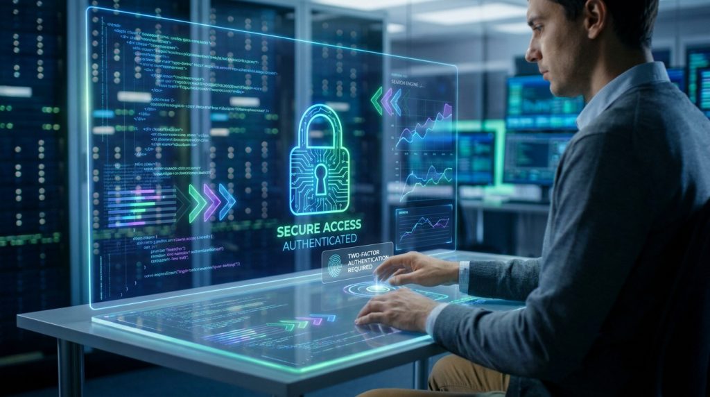 Un ingénieur manipulant une interface holographique affichant un cadenas numérique de sécurité et des données.