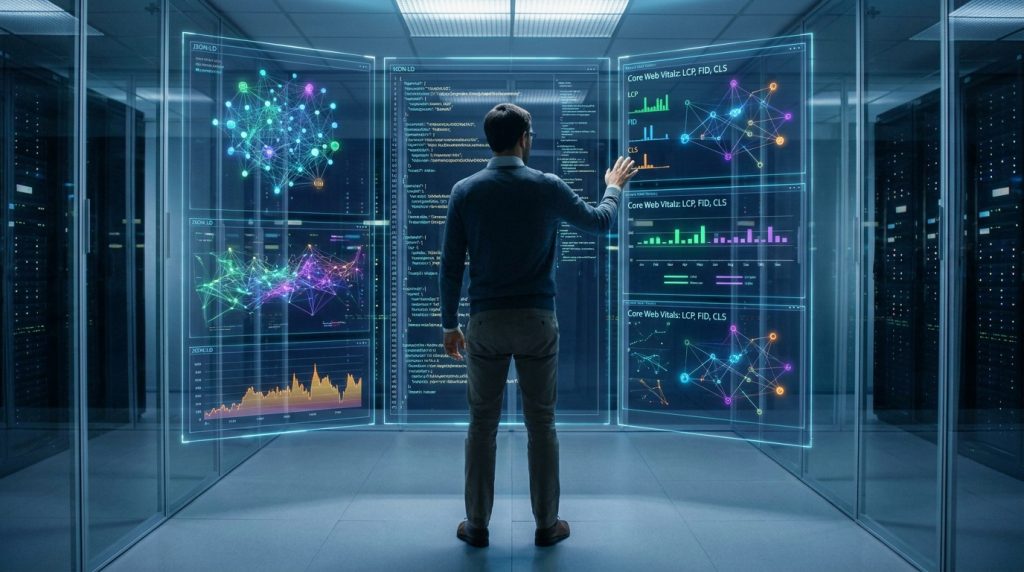 Un expert analysant des données SEO et Core Web Vitals sur des écrans holographiques dans un centre de données.
