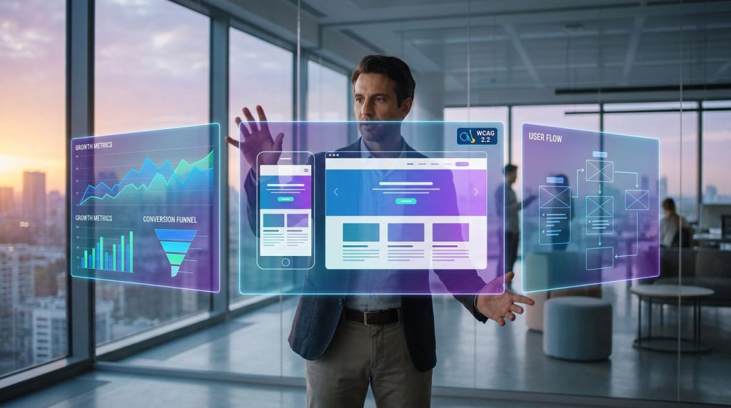 Un professionnel utilisant une interface holographique pour concevoir des sites web avec des graphiques de performance.