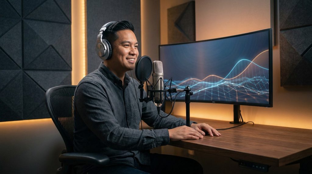 Un podcasteur souriant avec un casque et un micro dans un studio équipé avec un grand écran incurvé.