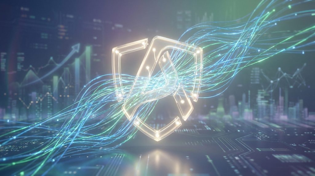 Un bouclier lumineux symbolisant la sécurité et l'autorité SEO sur un fond de flux de données numériques.