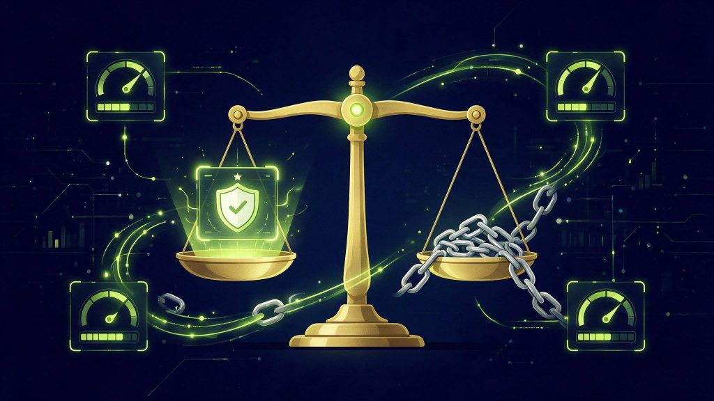Illustration du Trust Flow et Citation Flow de Majestic : balance pesant un bouclier de confiance face à des maillons de chaîne, fond bleu marine et vert citron
