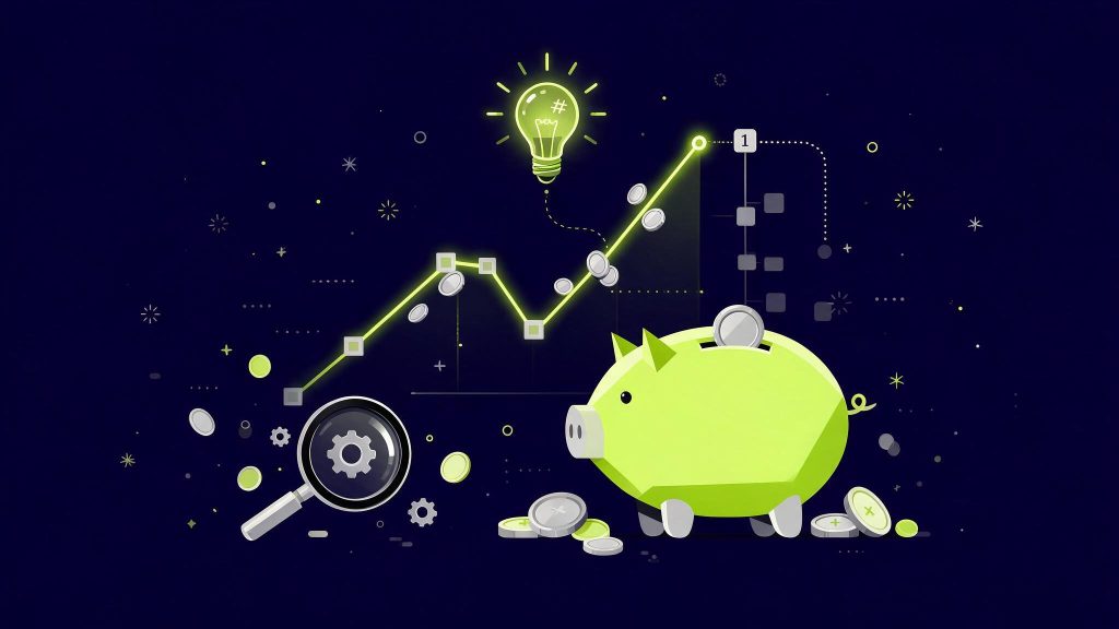 Illustration du SEO à petit budget avec Ubersuggest : tirelire à côté d'un graphique de positions en hausse, fond bleu marine et vert citron