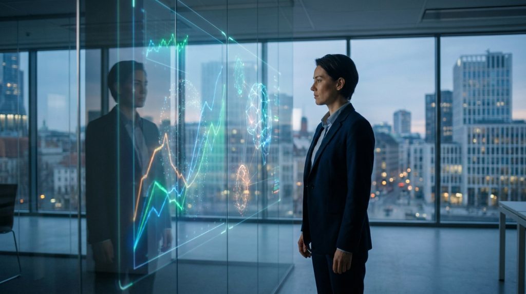 Une femme d'affaires regarde des graphiques financiers et une interface d'IA projetés sur une vitre de bureau moderne.